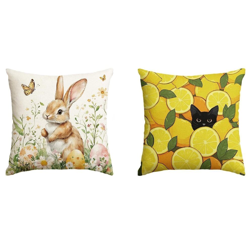 6096 Summer Bunny Lemon Black Cat Throw Pillow Cover, 18 x 18 Inch Cushion
